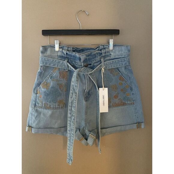DRIFTWOOD Free People embroidered paper bag waist denim tie shorts NWT sz 32 - Picture 9 of 10